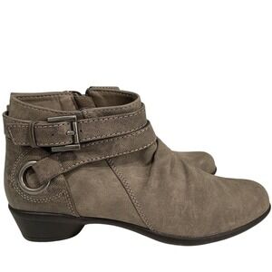 Madeline Faux Suede Gray Ankle Boots Zipper Closure Buckle Detail Low Block Heel